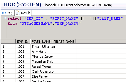 SAP HANA SQL SCRIPT STRING FUNCTIONS PIPE OPERATOR ALIAS