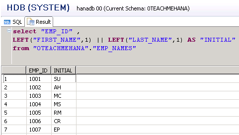 SAP HANA SQL SCRIPT STRING FUNCTIONS PIPE OPERATOR ALIAS